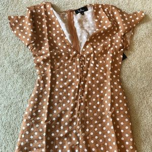 Lulu’s CAMEL BROWN AND WHITE POLKA DOT ROMPER